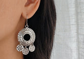 Tribal circle silver drop earrings
